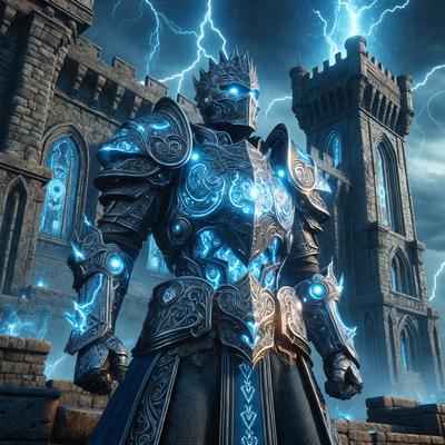 The primary subject of the image is a knight in a medieval-style armor, standing in front of a castle. The setting is a dark, stormy sky, which adds to the dramatic atmosphere of the scene. The visual style is a combination of digital art and illustration, creating a detailed and realistic representation of the knight and the castle. The colors and mood are predominantly dark and moody, with the blue lightning illuminating the scene and adding a sense of intensity.